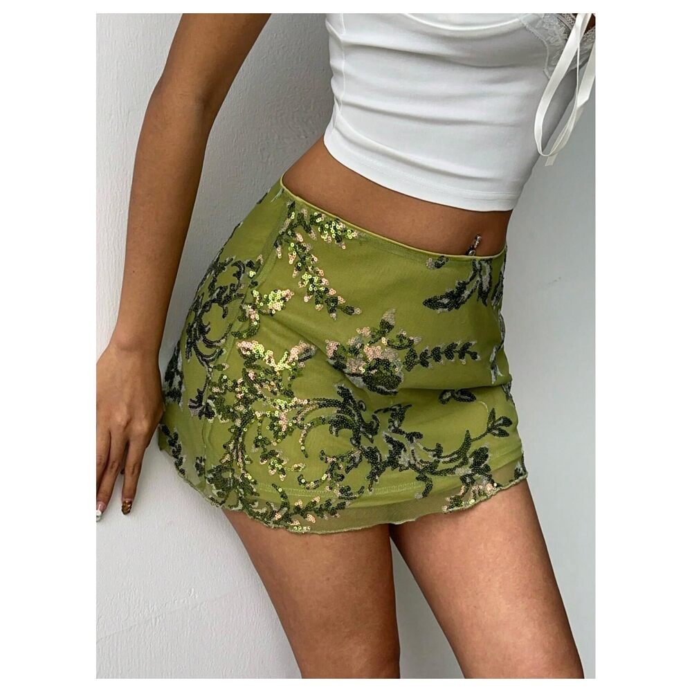 3632 Sequin Skirt Summer Floral Mesh Glitter Sparkly Mini Skirt Green Large - Picture 3 of 6